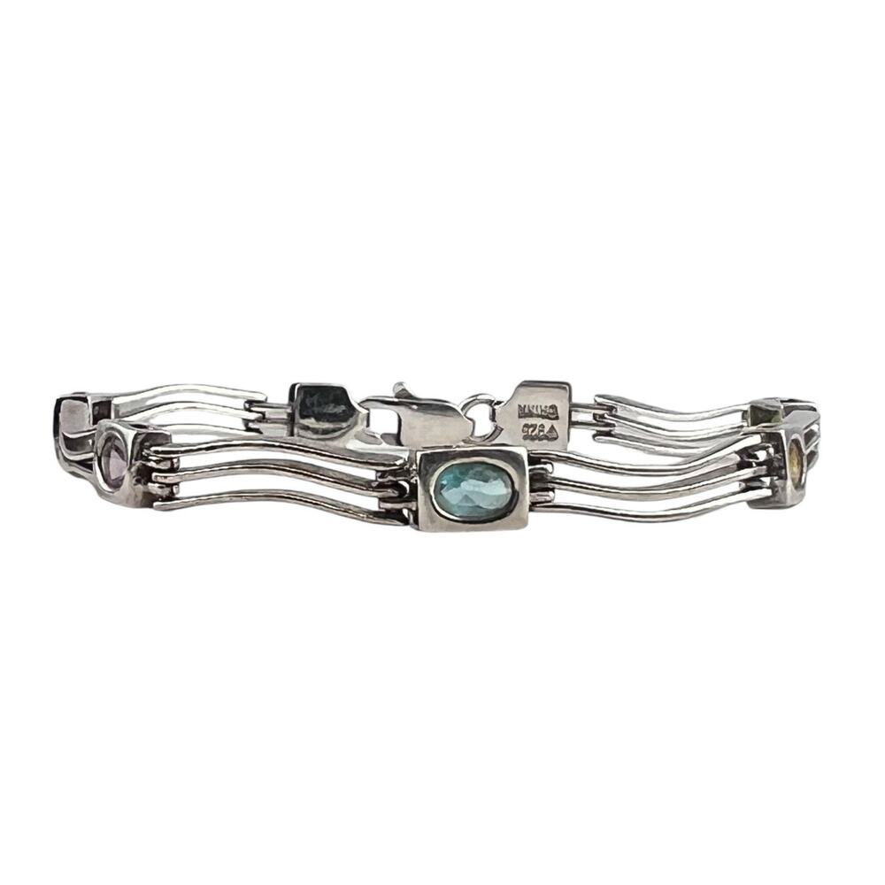 Lined Sterling Silver Bracelet Glass Stations 7"